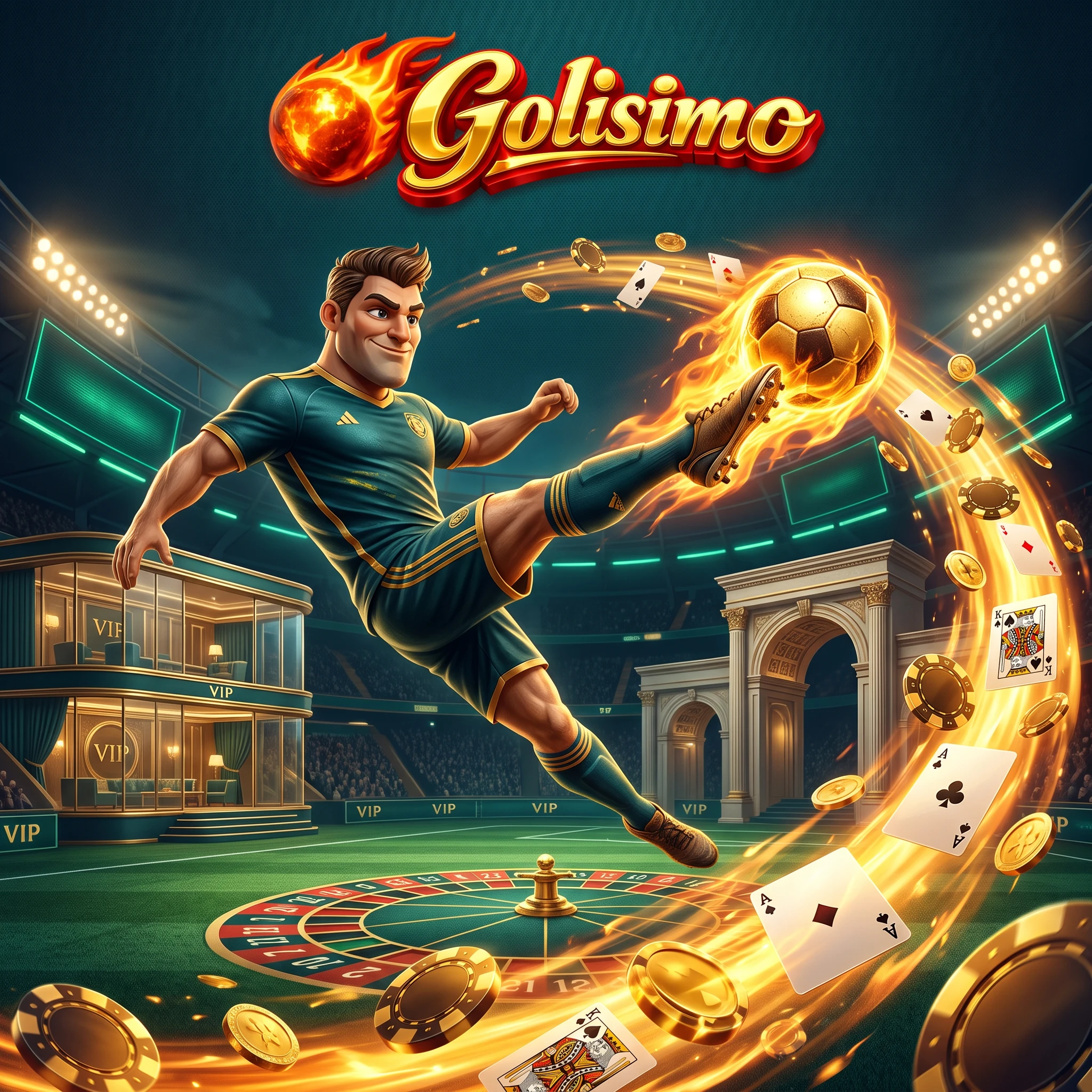Golisimo football arena with a flaming ball